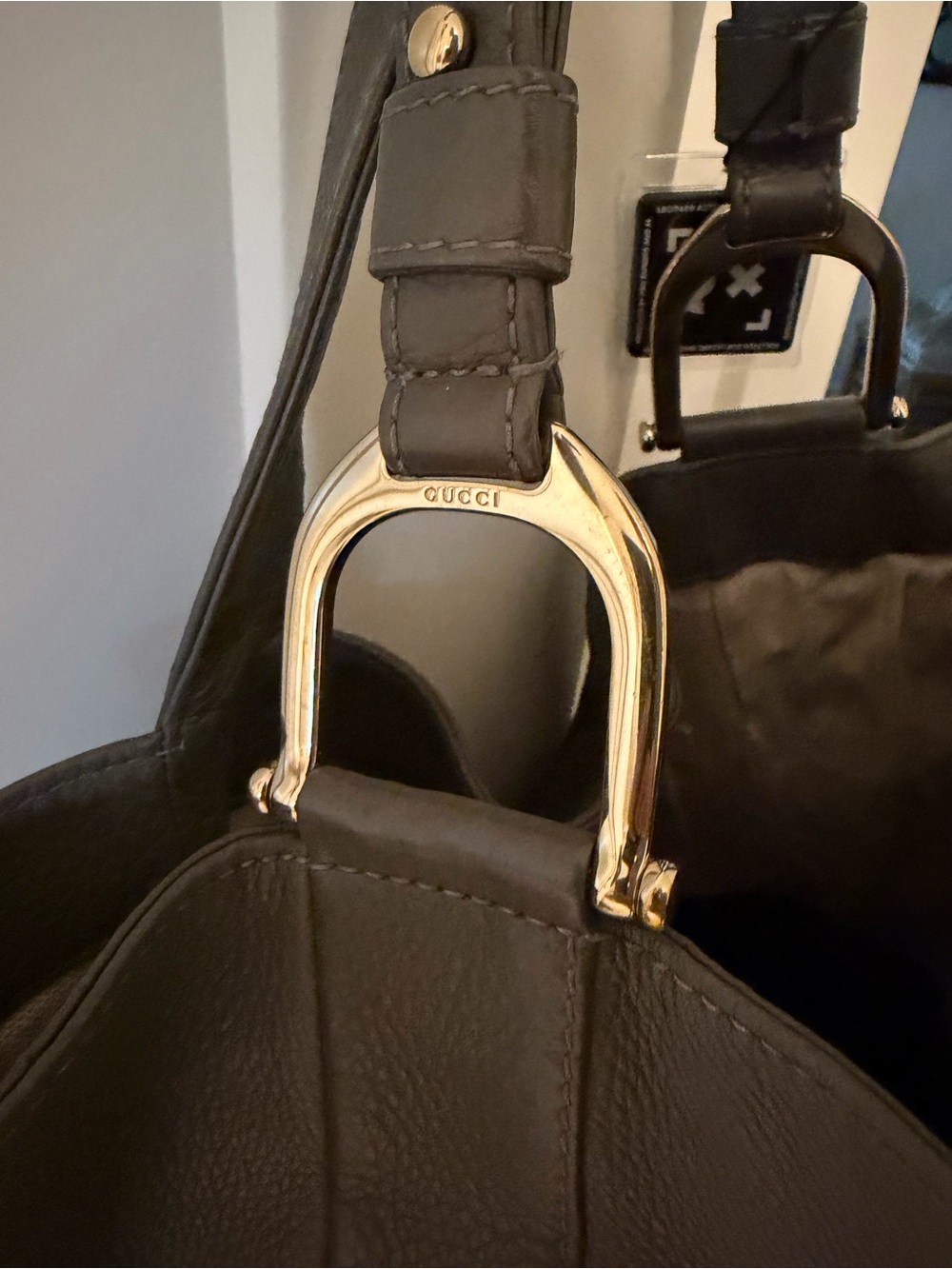 Gucci large grey pebbled Leather Shoulder Bag with Gold Hardware